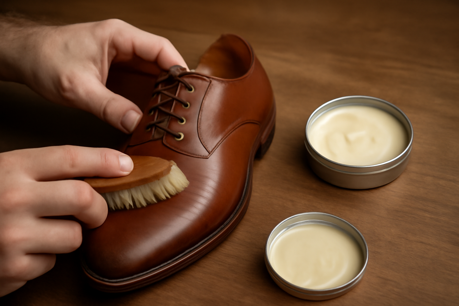 magasindemode-entretien-chaussures-cuir-express mains appliquant cire sur une chaussure en cuir