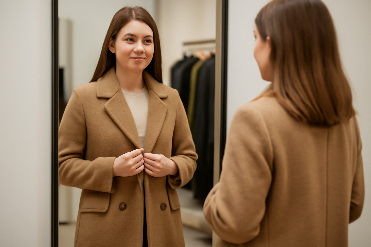 magasindemode-essayer-manteau-boutique client essayant un manteau devant miroir