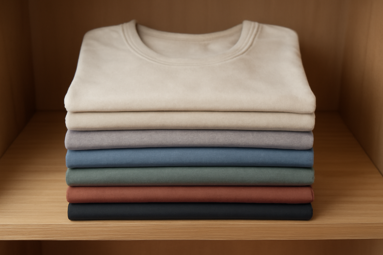 magasindemode-everlane-basiques-durables pile de t-shirts unis sur étagère