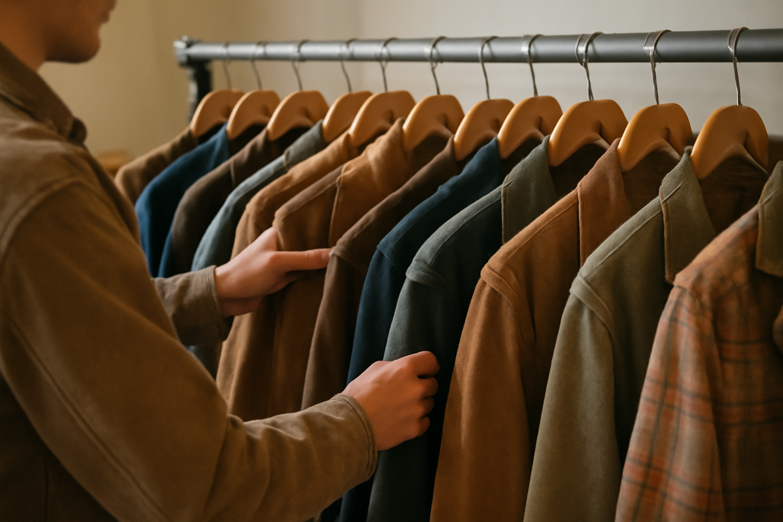 magasindemode-friperie-ou-brocante-veste personne feuilletant vestes vintage sur portemanteau