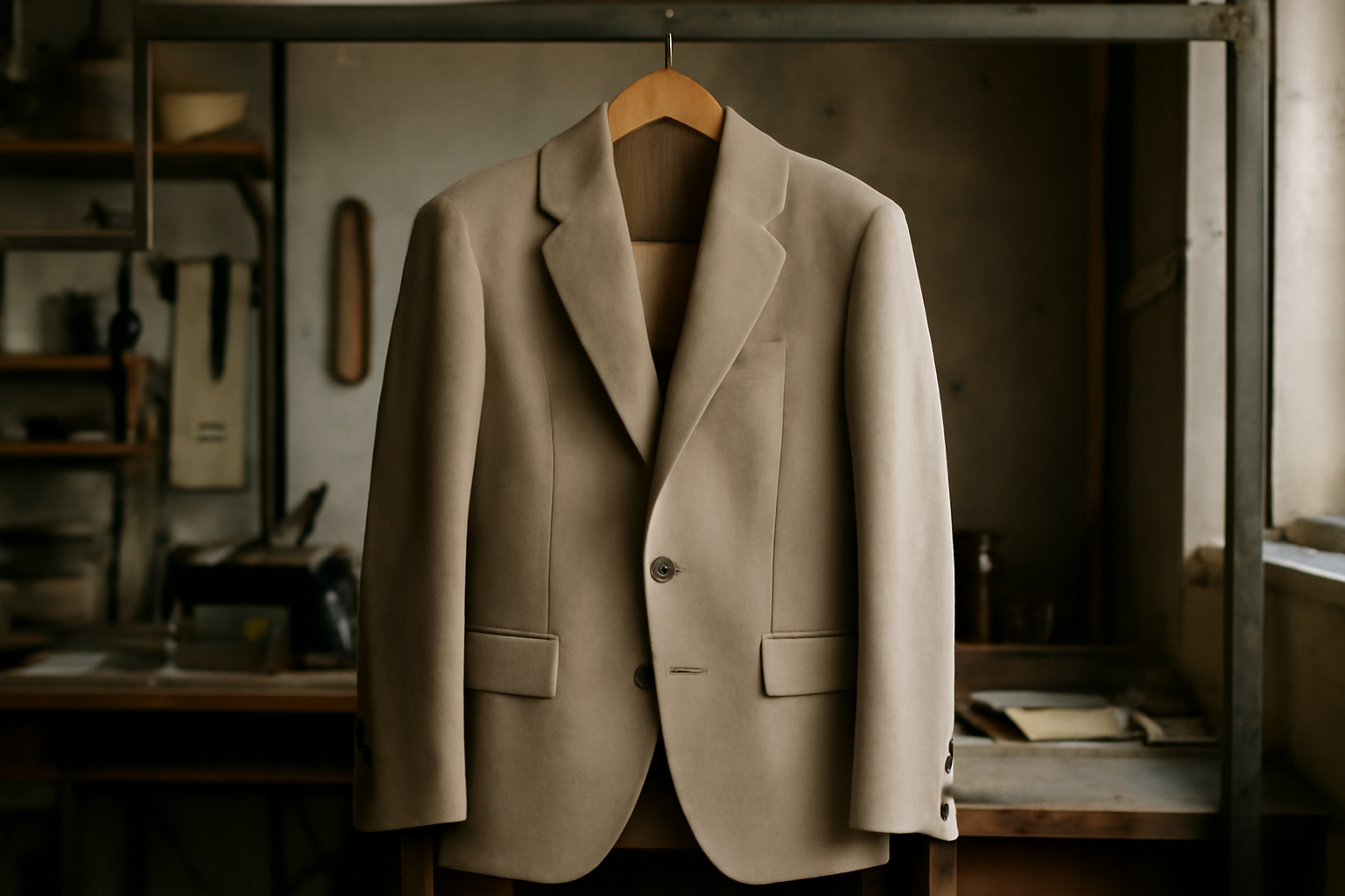 veste structurée suspendue dans atelier