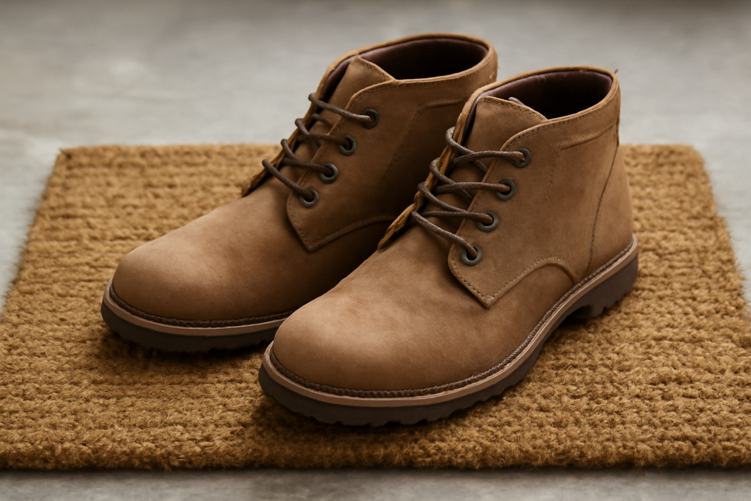 bottines en nubuck posées sur un paillasson