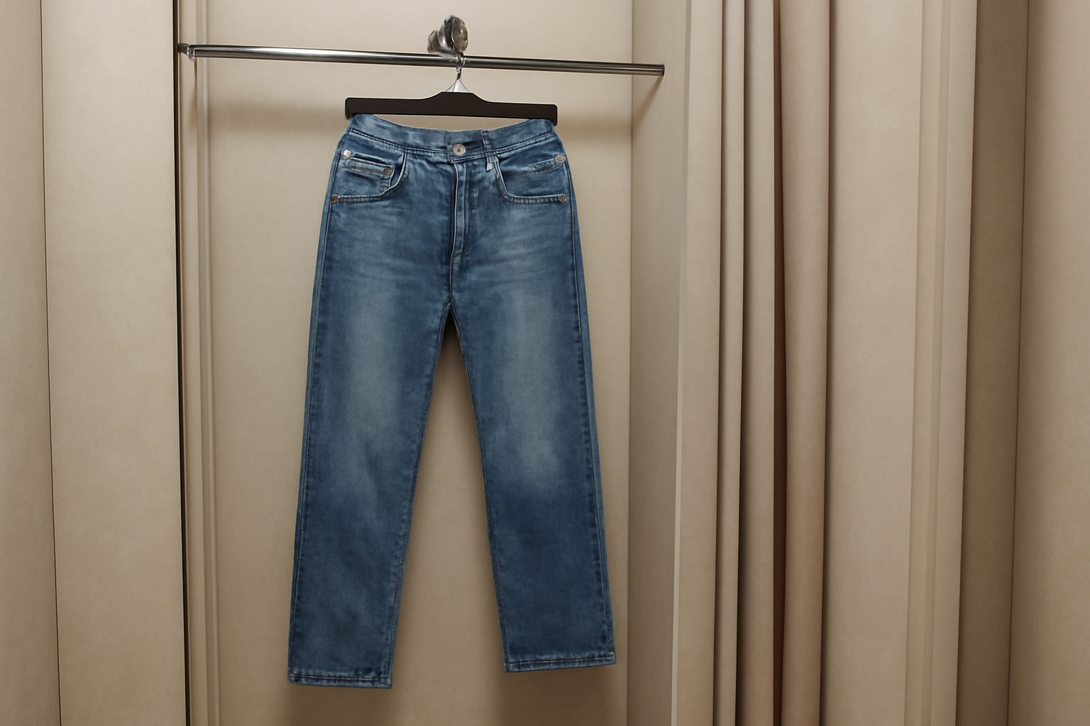jeans suspendus dans cabine d'essayage