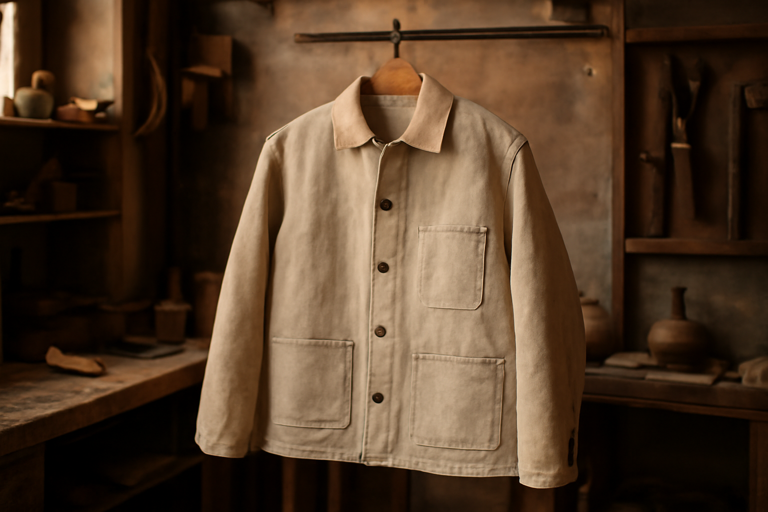 magasindemode-maison-plume-vestes veste artisanale suspendue dans un atelier cosy