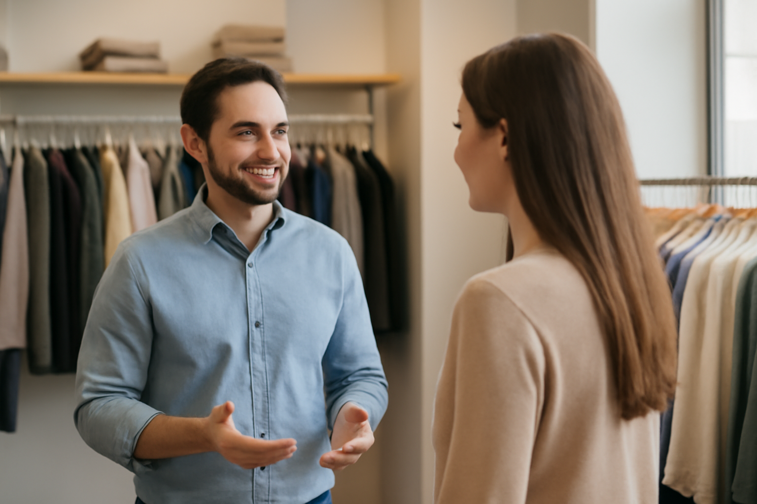 magasindemode-negocier-prix-boutique client discutant avec vendeur en boutique
