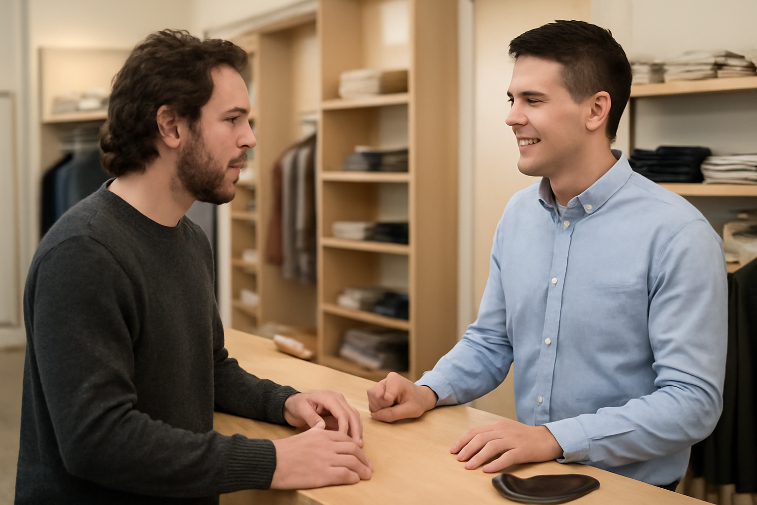 magasindemode-negocier-remise-boutique client discutant avec un vendeur au comptoir