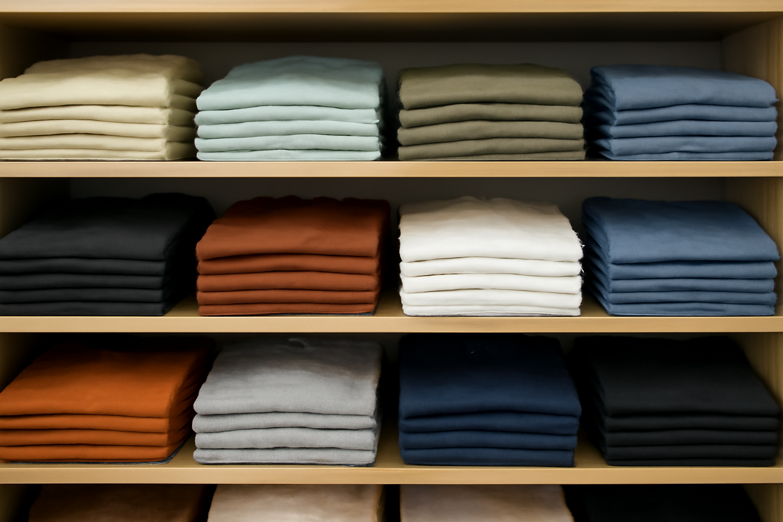 t-shirts empilés sur étagère de boutique