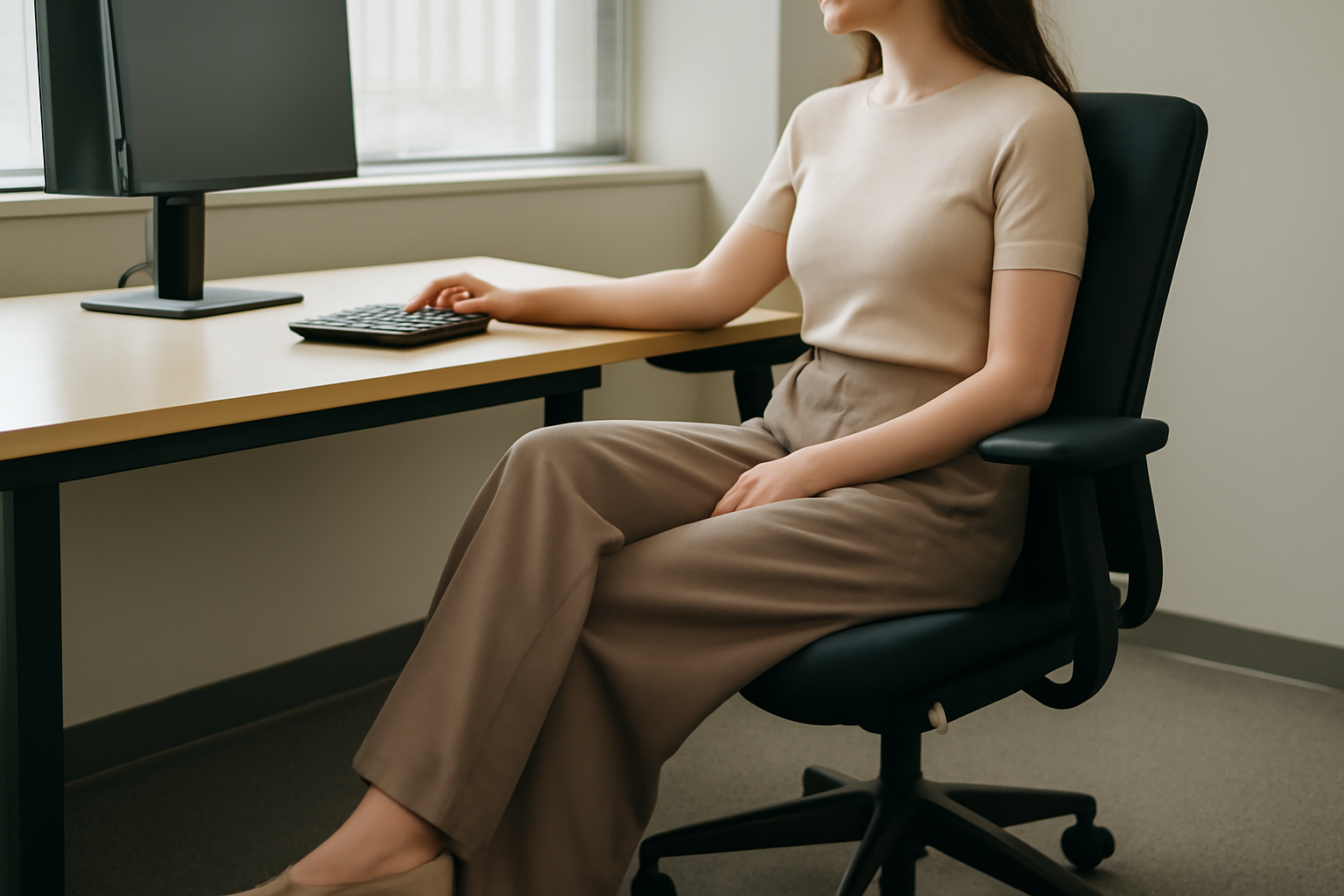 magasindemode-pantalon-fluide-bureau personne assise en pantalon fluide au bureau