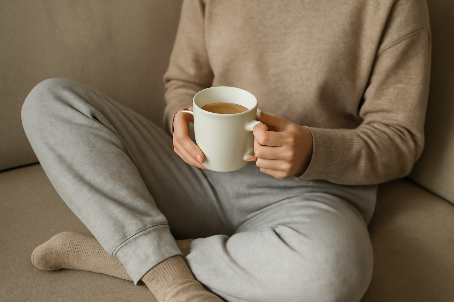 personne assise avec pantalon confortable et tasse