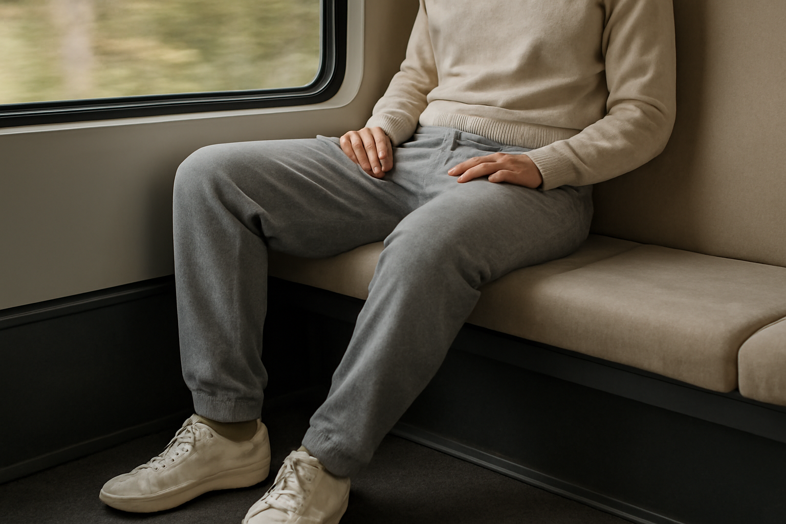 magasindemode-pantalon-trajet-longue-duree personne assise portant pantalon confortable en voyage