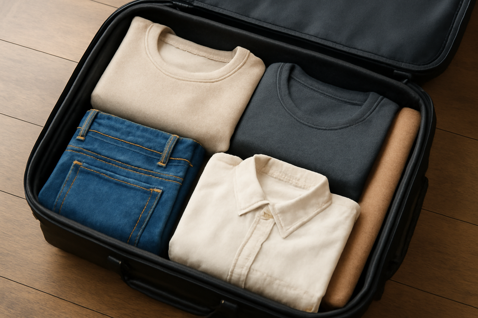 magasindemode-pieces-valise-capsule-weekend vêtements pliés dans valise compacte