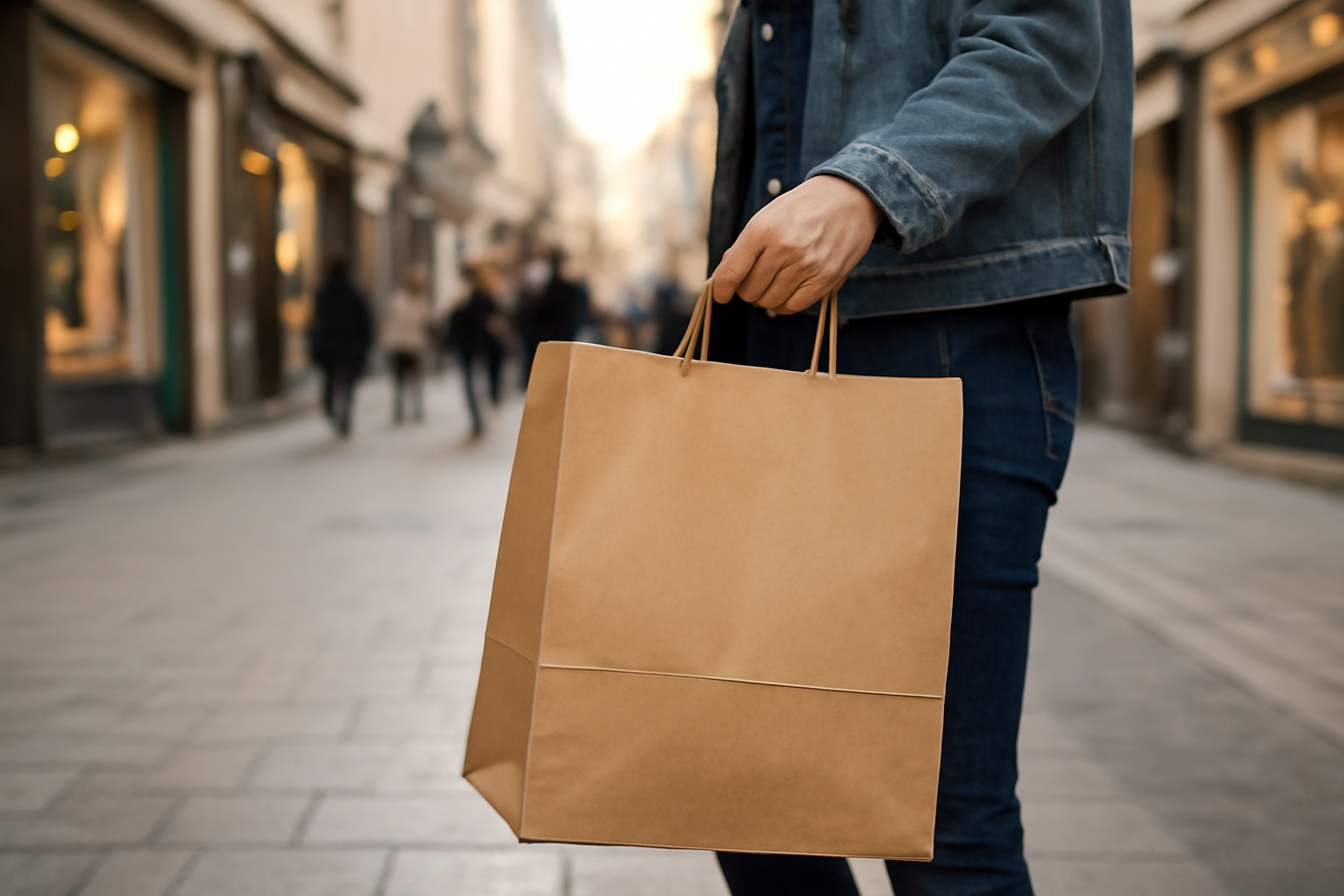 magasindemode-planifier-viree-shopping-plein-air personne tenant sac shopping en rue commerçante