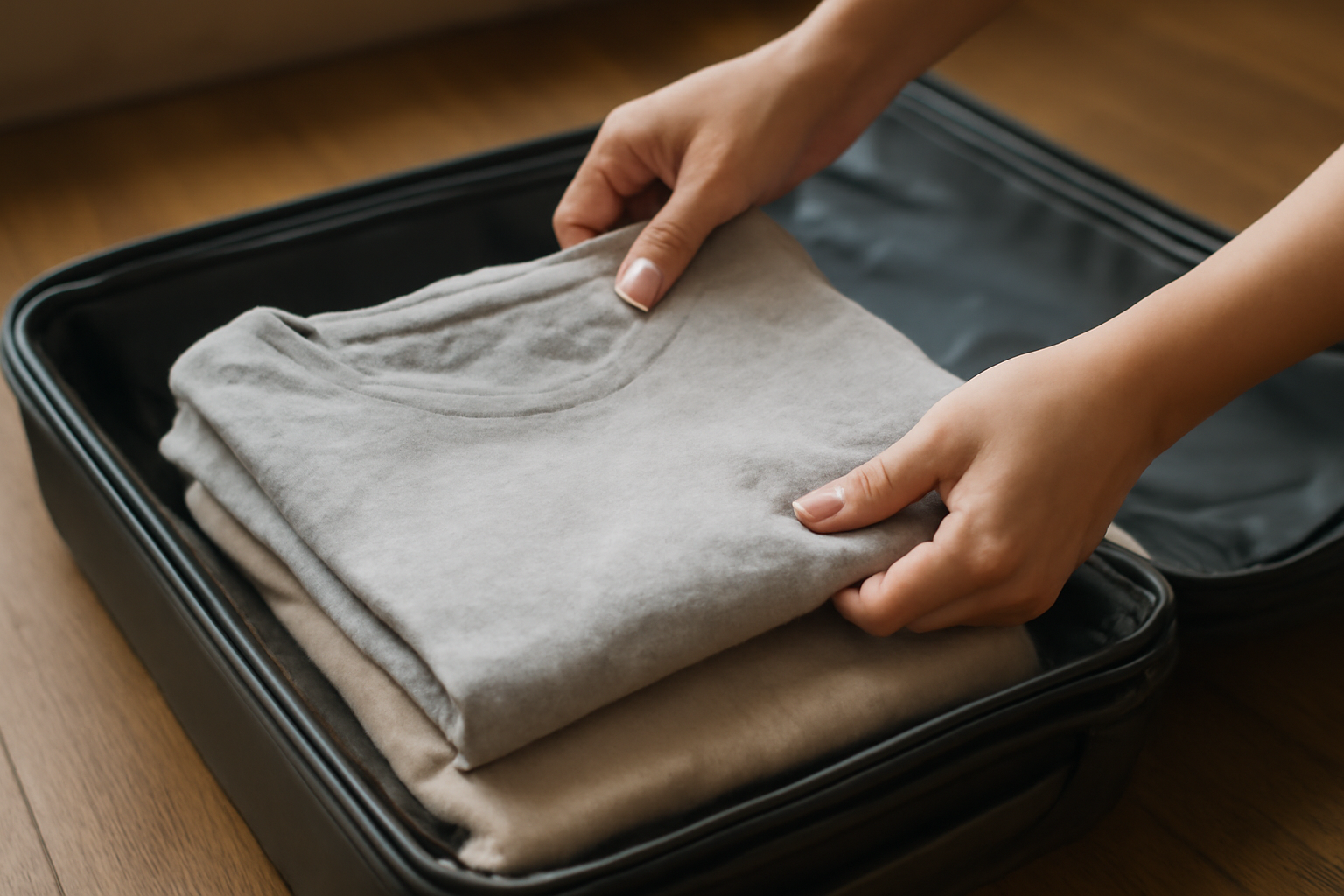 magasindemode-plier-tshirt-place-valise mains pliant un t-shirt sur une valise ouverte