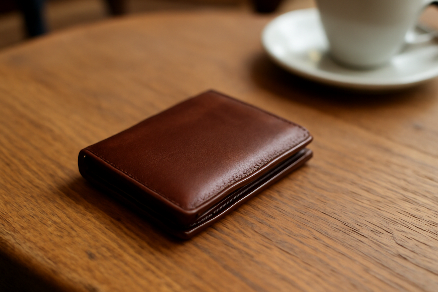 magasindemode-porte-monnaie-compact-weekend petit portefeuille posé sur table de café