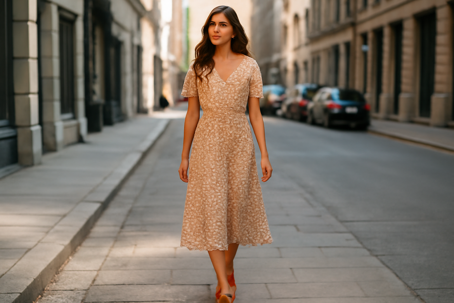 femme portant une robe midi en rue urbaine