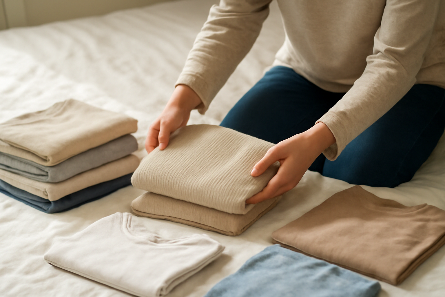 magasindemode-rafraichir-placard-printemps personne triant vêtements sur lit lumineux