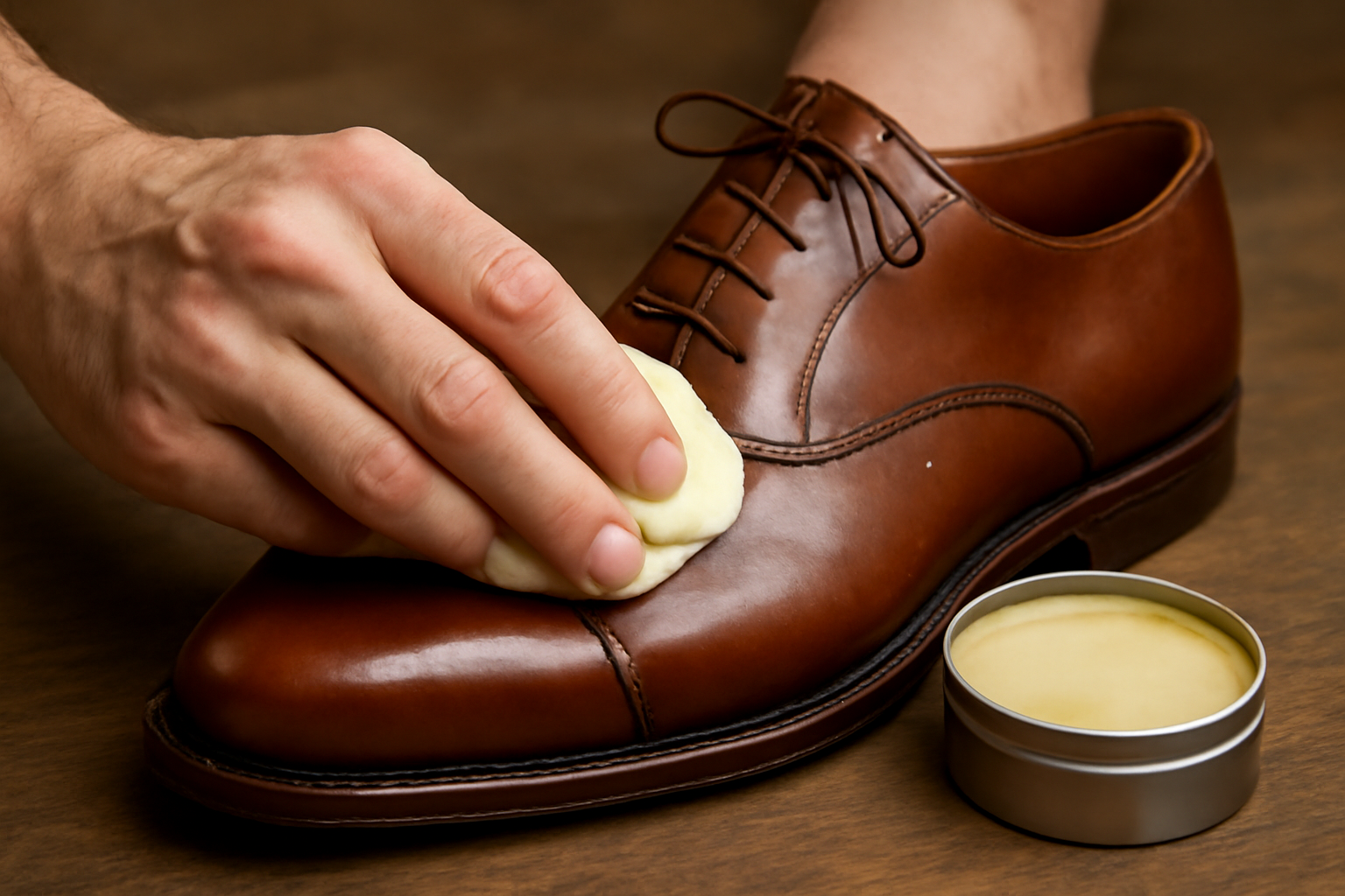 magasindemode-routines-entretien-chaussures mains appliquant cire sur une chaussure en cuir