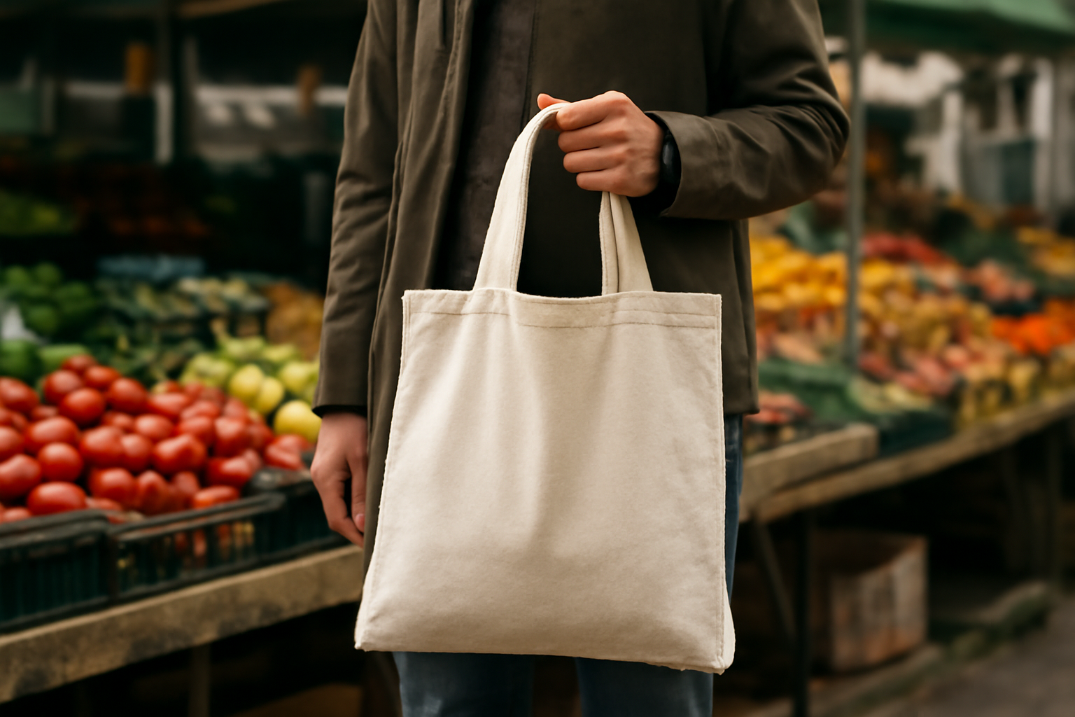 sac porté devant étal de marché