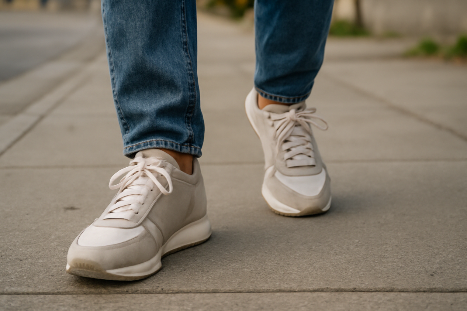 personne marchant en baskets sur trottoir