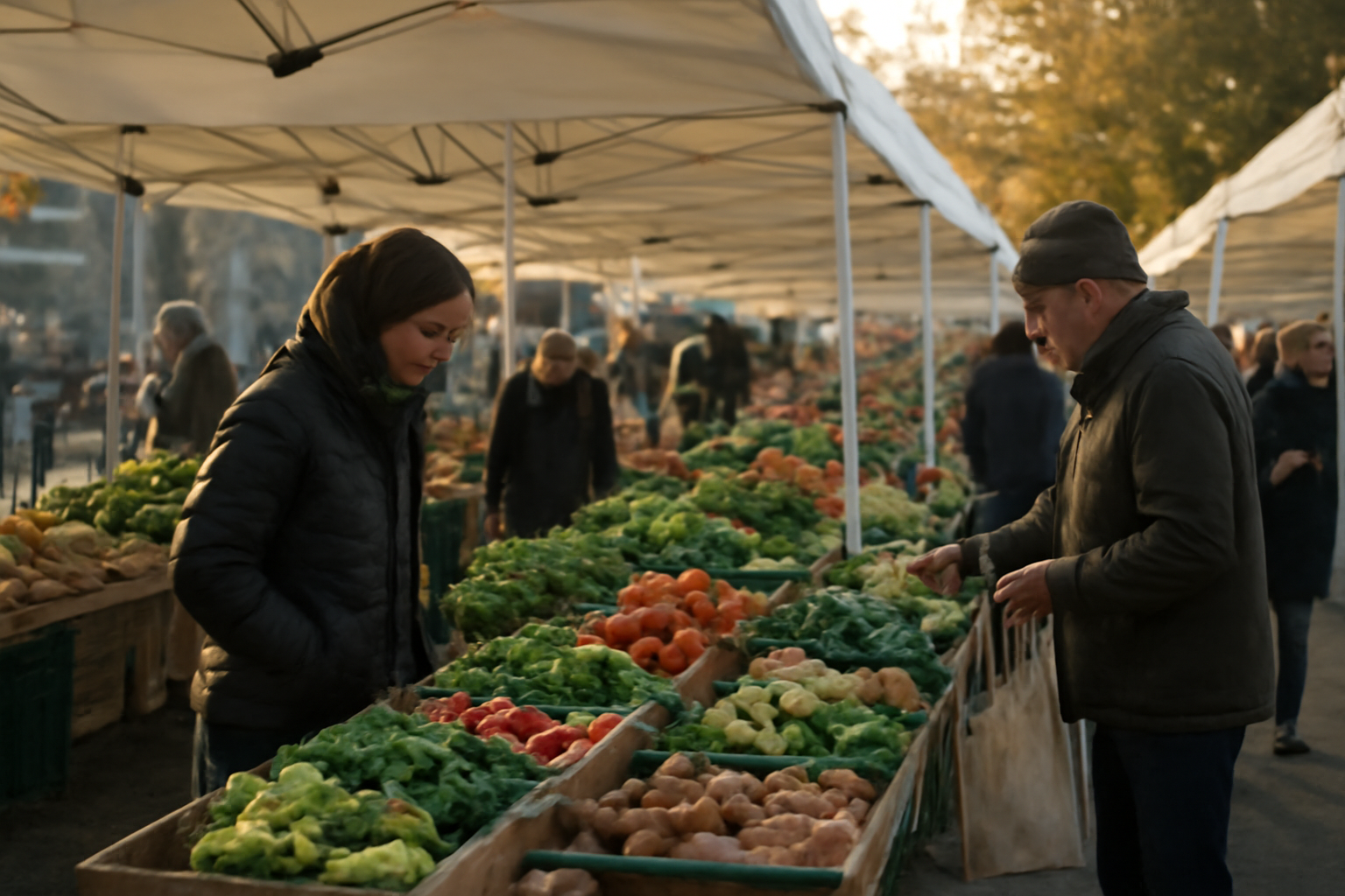 stands de marché avec acheteurs matinaux