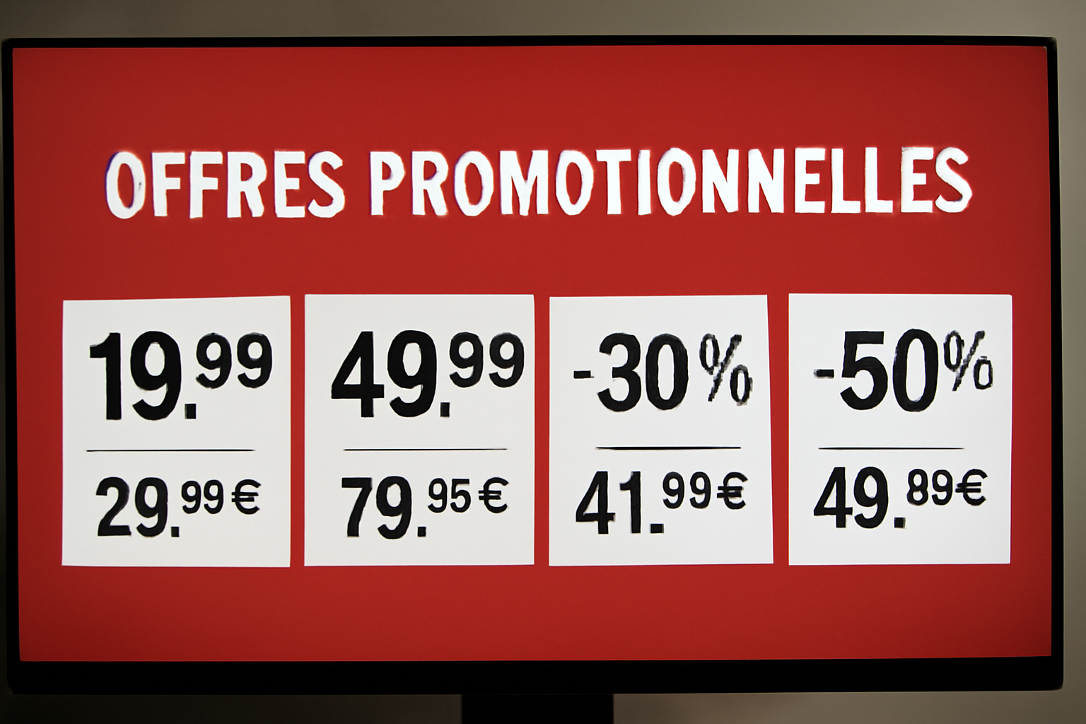 écran affichant offres promotionnelles et prix barrés