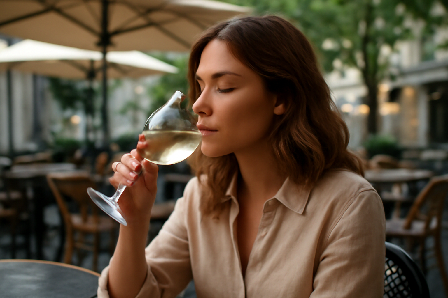 magasindemode-tenue-afterwork-terrasse femme sirotant un verre en terrasse