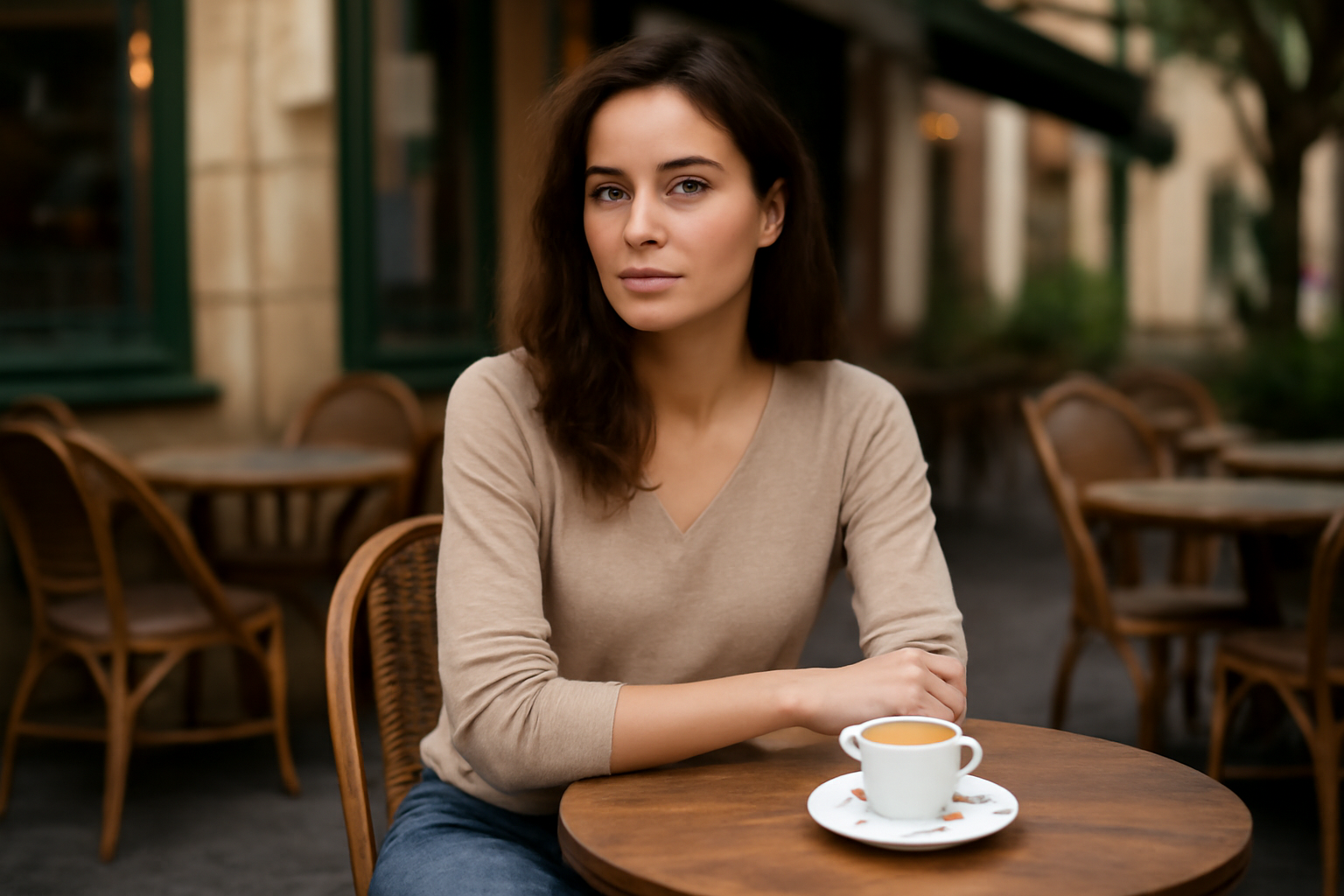 magasindemode-tenue-brunch-printemps femme assise à une table en terrasse