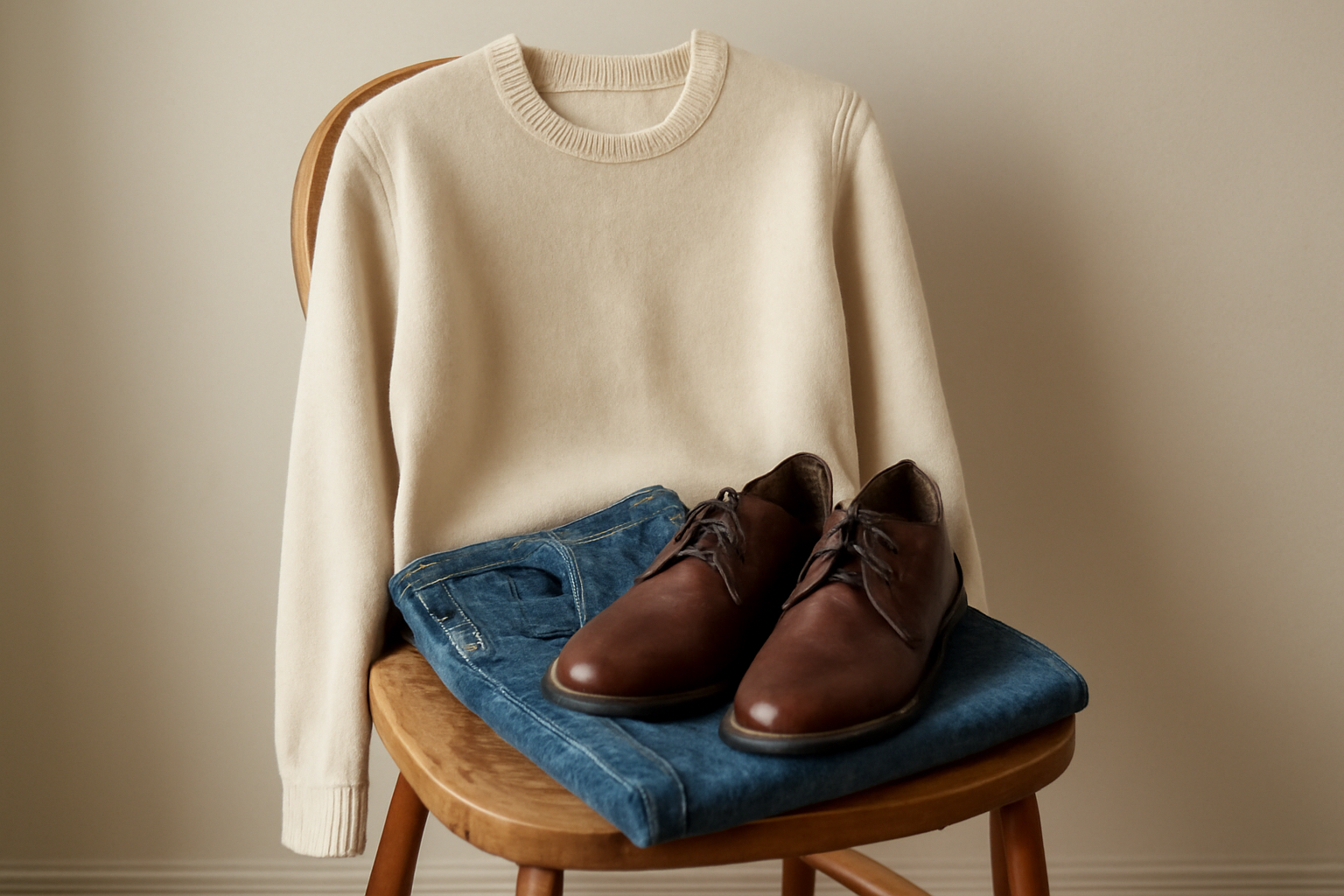 tenue posée sur une chaise en bois