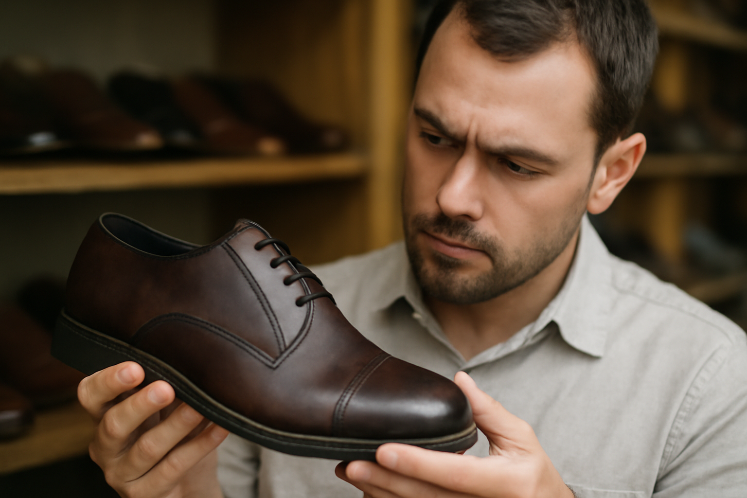 magasindemode-verifications-achat-chaussures client inspectant semelle et couture d'une chaussure