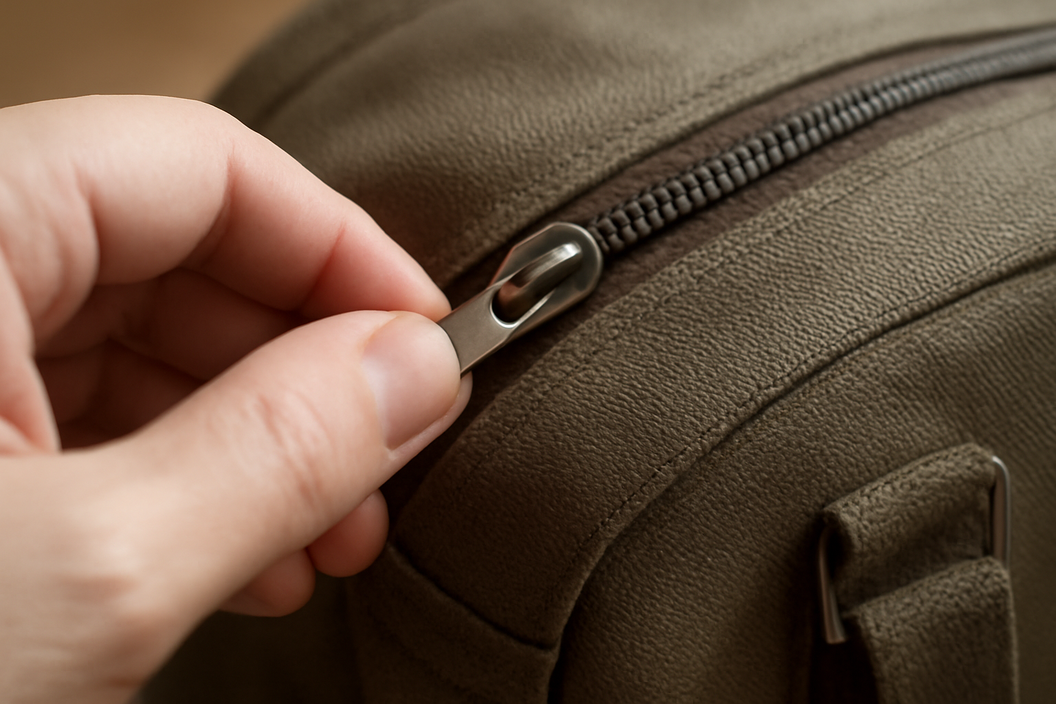 magasindemode-verifier-fermeture-sac main testant une fermeture éclair sur un sac