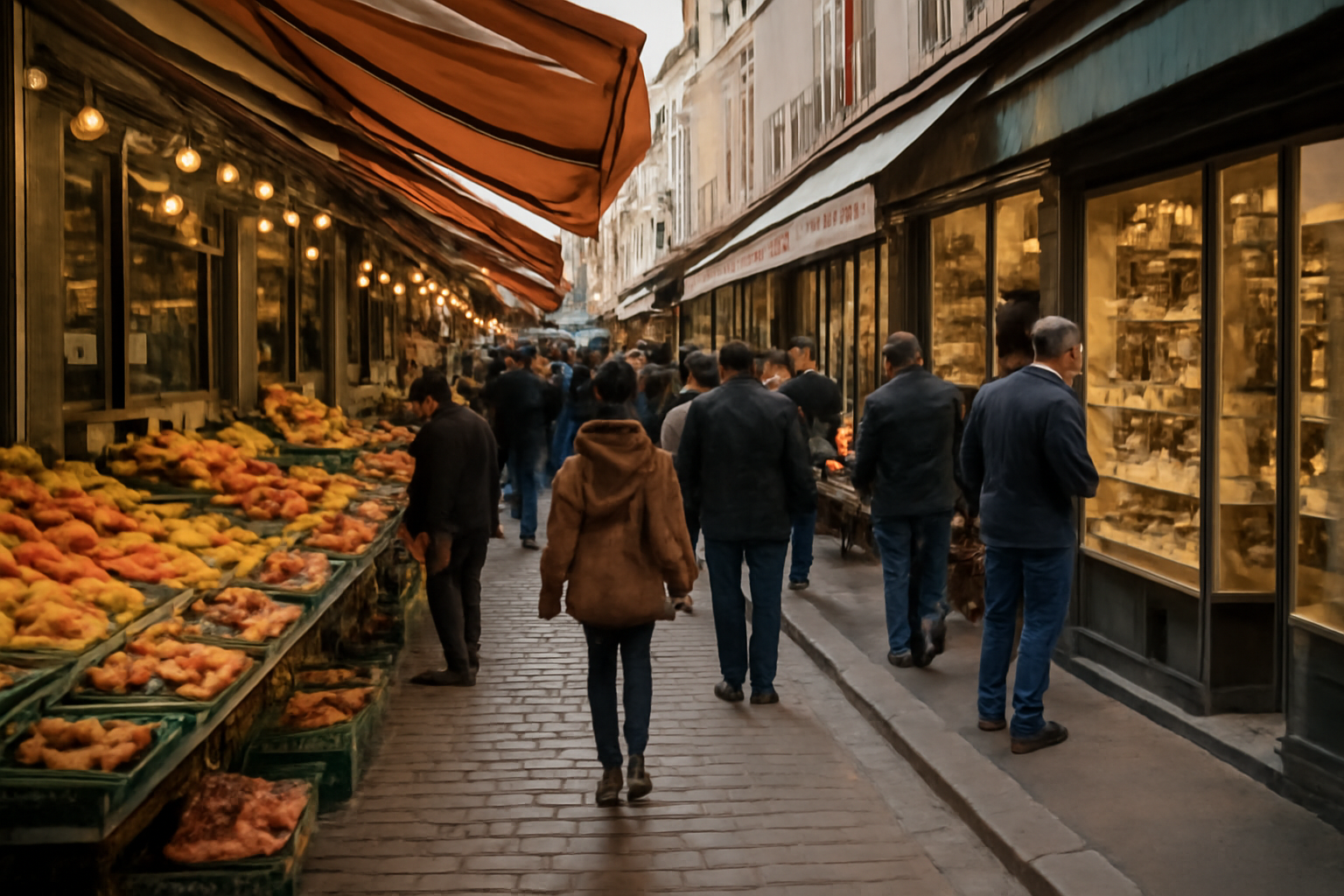 rue commerçante animée avec stands et vitrines