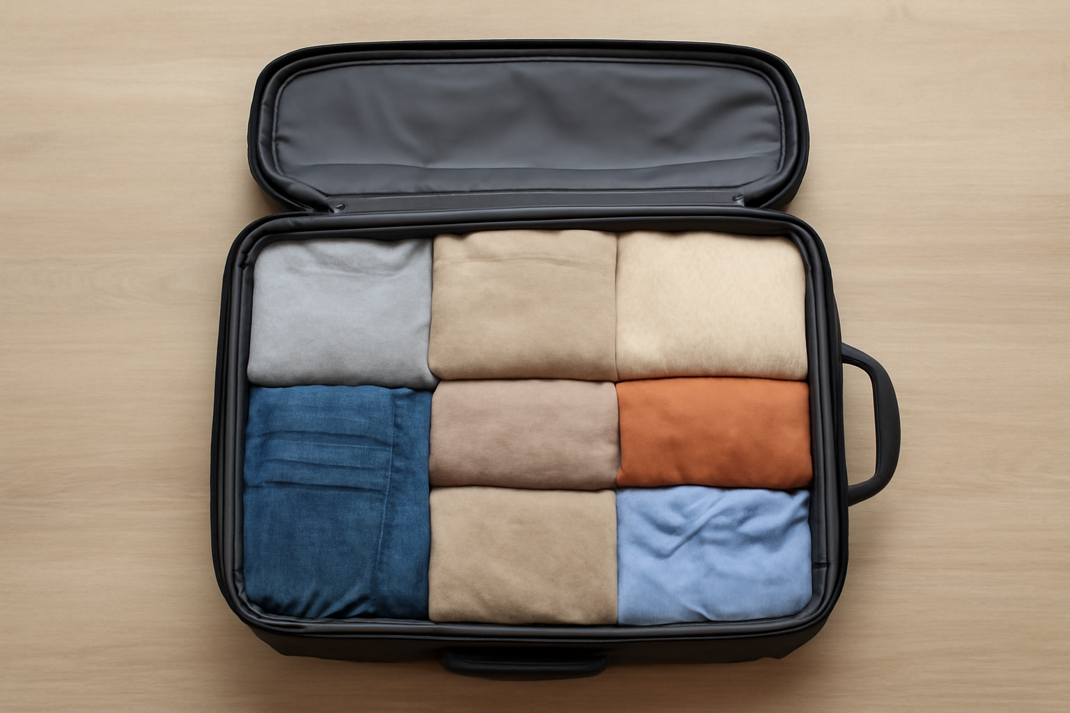 magasindemode-8-essentiels-valise-cabine-week-end valise cabine ouverte avec huit vêtements pliés