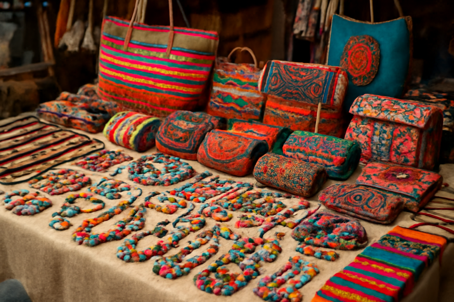étalage d'accessoires artisanaux colorés