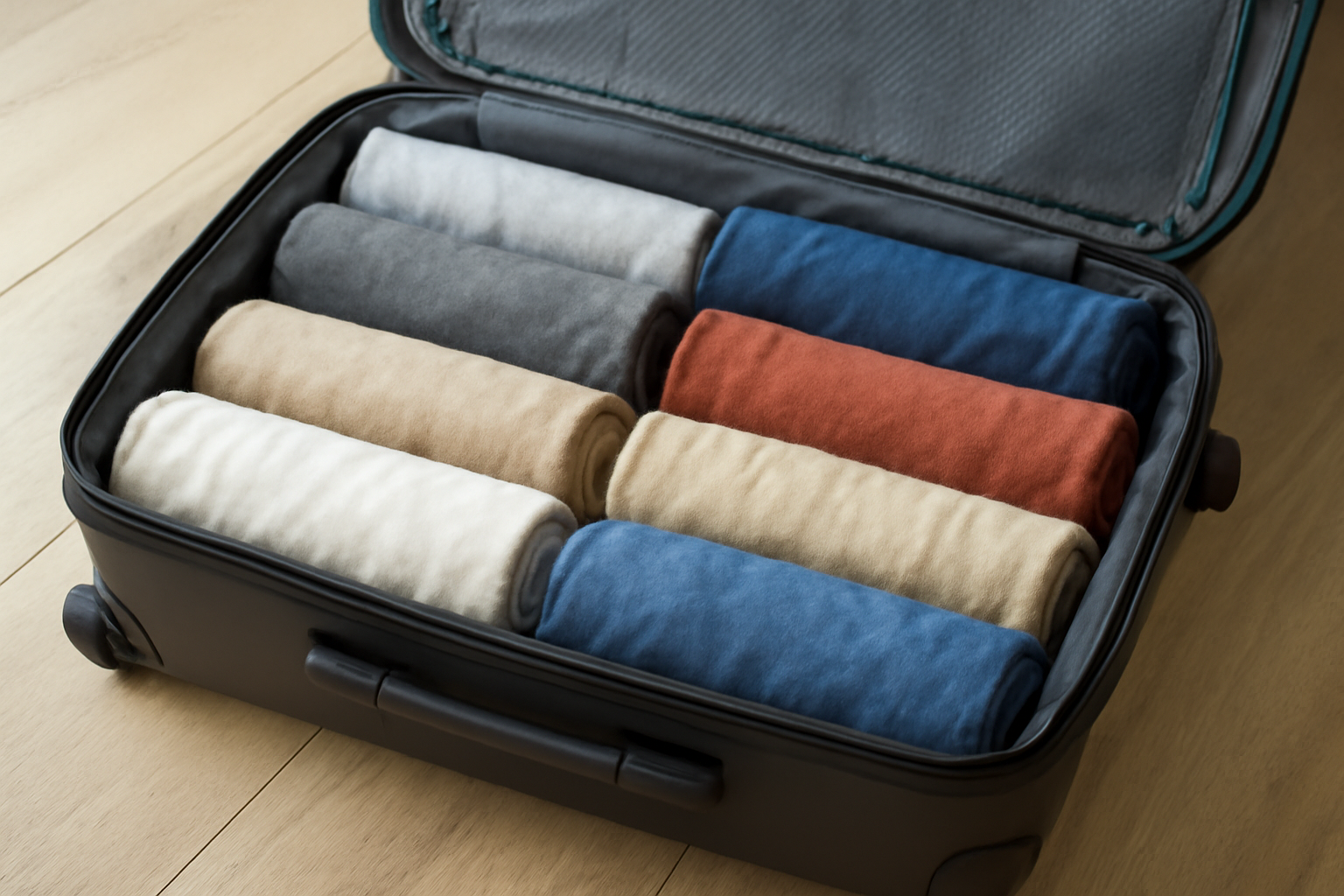 magasindemode-accessoires-eviter-plis-voyage valise ouverte avec vêtements bien roulés