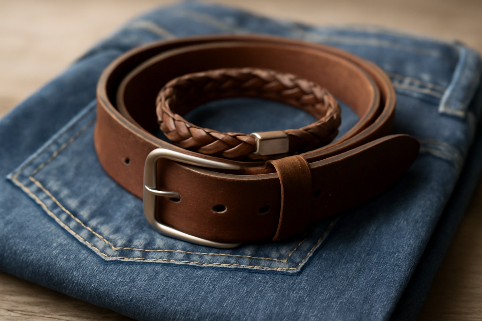 magasindemode-accessoires-minimalistes-jean bracelet et ceinture posés sur jean plié