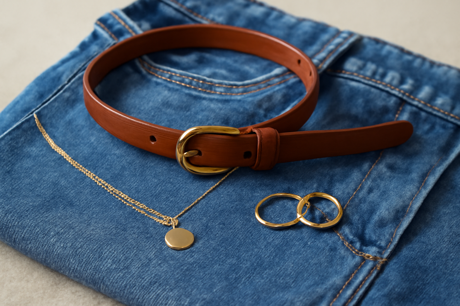 magasindemode-accessoires-minimalistes-pour-jean ceinture fine et bijoux posés sur jean plié
