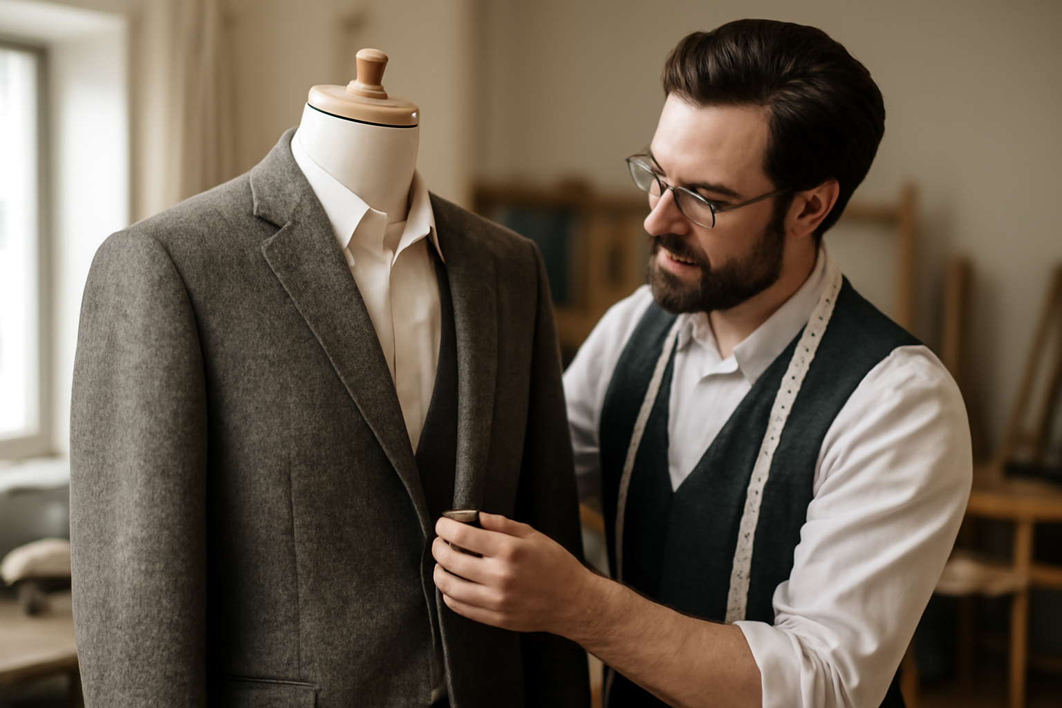 magasindemode-atelier-lumiere-veste-artisanale couturier examinant une veste sur mannequin