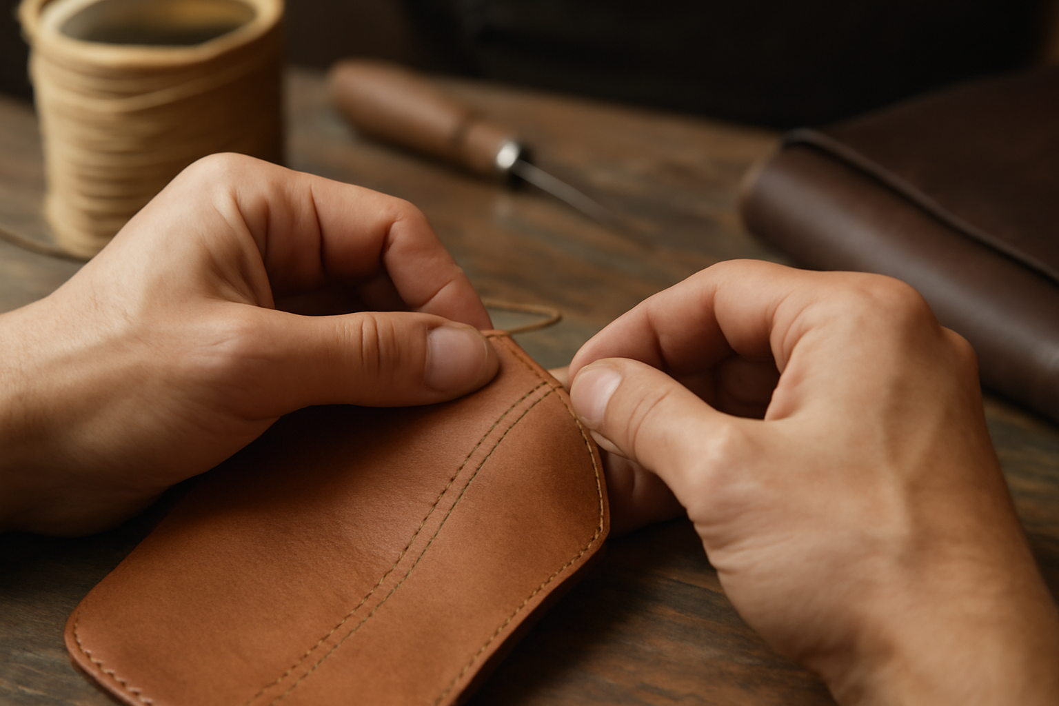 magasindemode-atelier-retouche-cuir-local atelier avec mains cousant une pièce de cuir