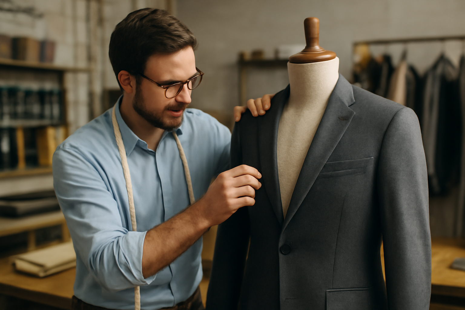 magasindemode-atelier-serein-pieces-artisanales couturier ajustant une veste en atelier