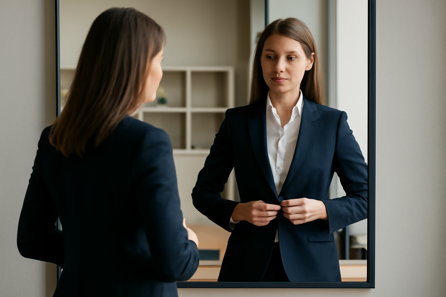 magasindemode-blazer-entretien-informel personne portant blazer devant miroir du bureau