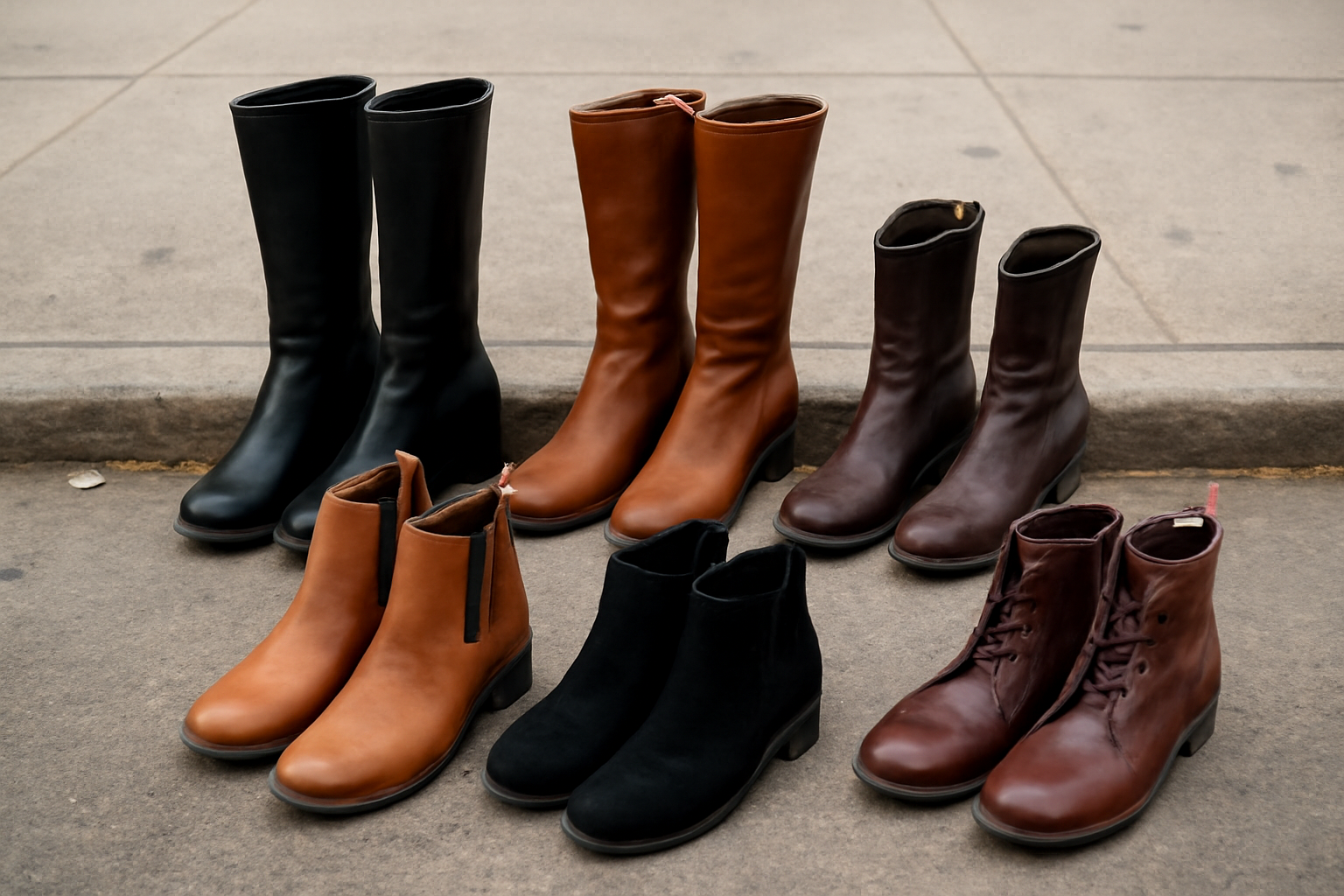 magasindemode-bottes-ou-bottines-marche-ville paires de bottes et bottines sur trottoir