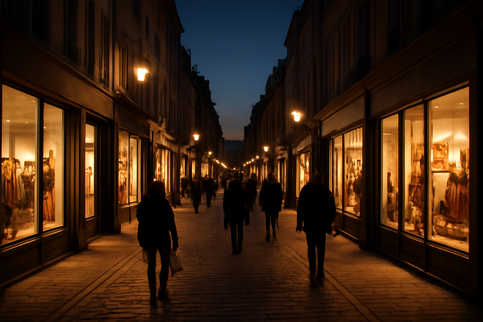 magasindemode-boutiques-ouvertes-tard rue commerçante éclairée le soir