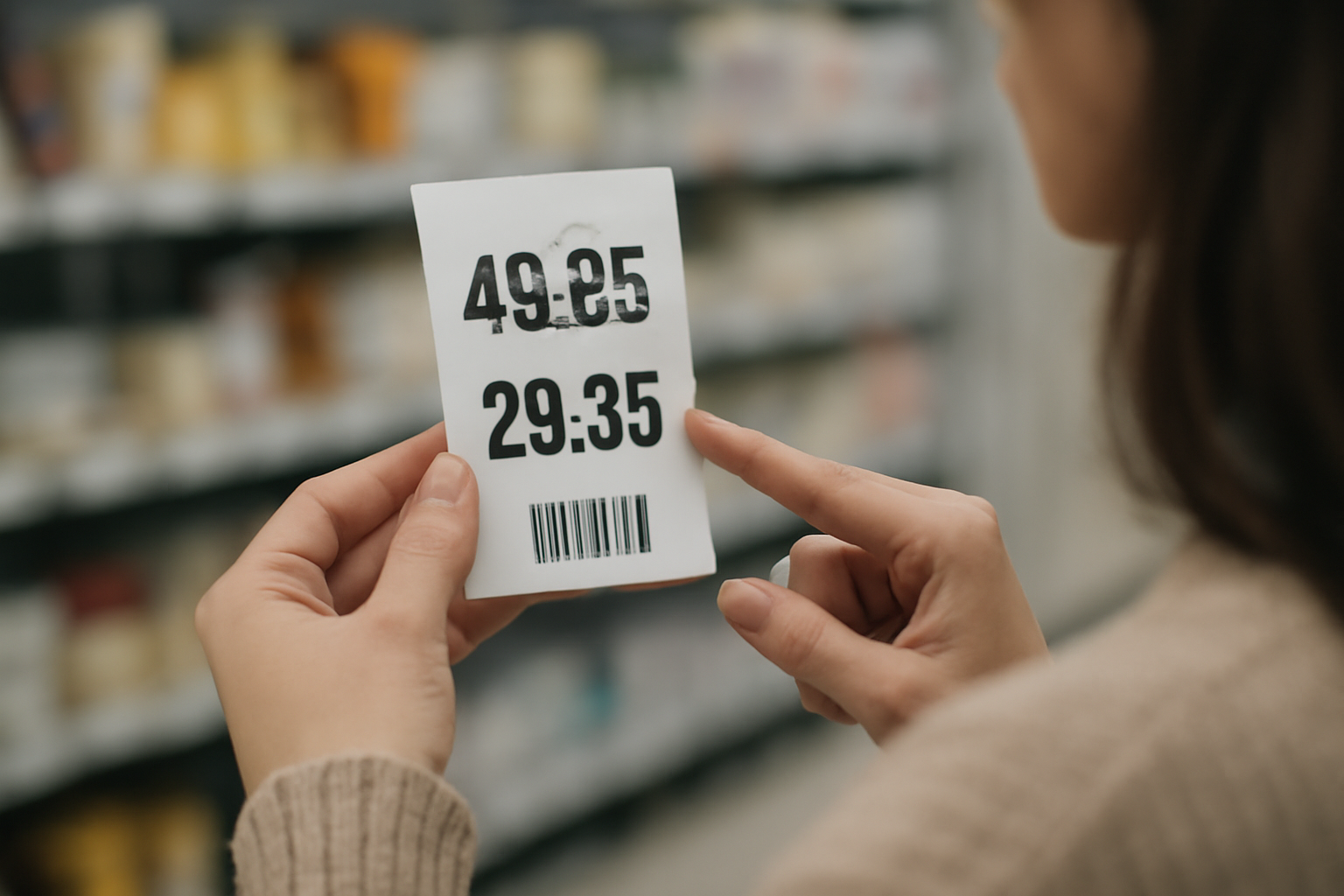 personne comparant prix sur une étiquette en magasin