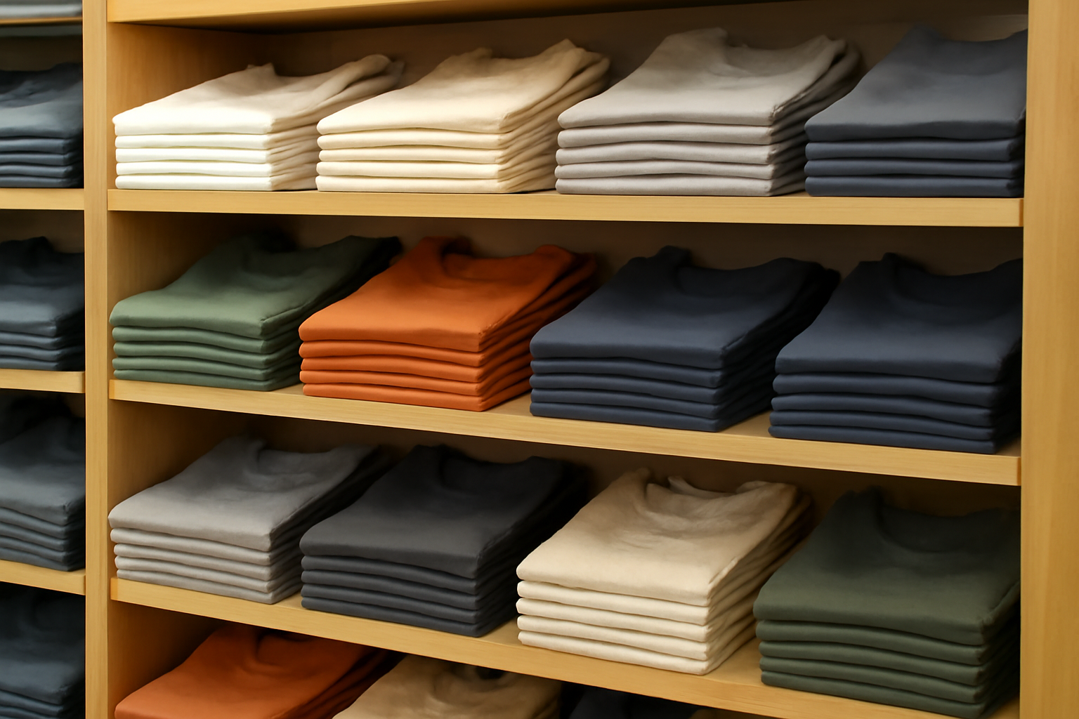 magasindemode-c-and-a-basiques-durables rayonnage de t-shirts alignés en magasin