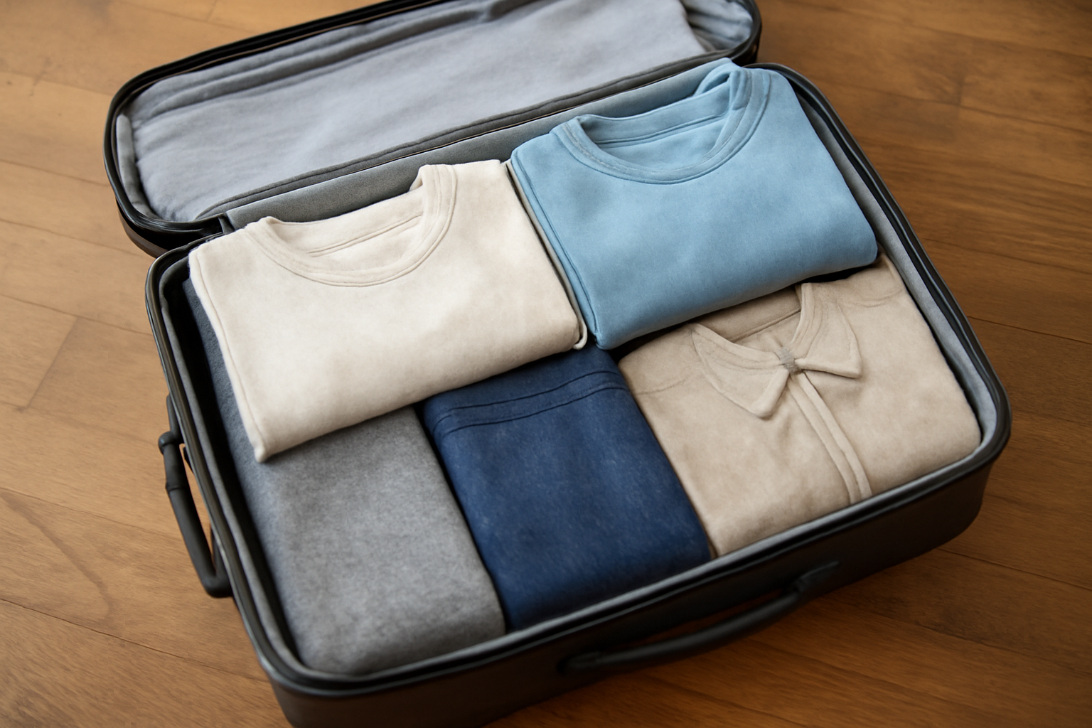 magasindemode-capsule-weekend-10-pieces vêtements pliés soigneusement dans valise ouverte