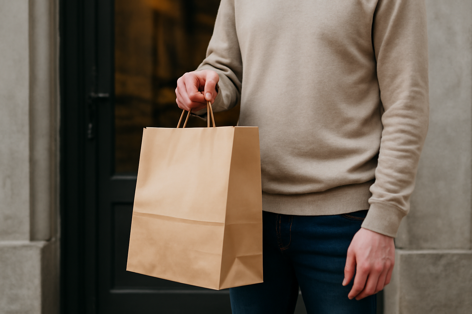 magasindemode-choisir-option-livraison-retour personne tenant un paquet devant porte de boutique