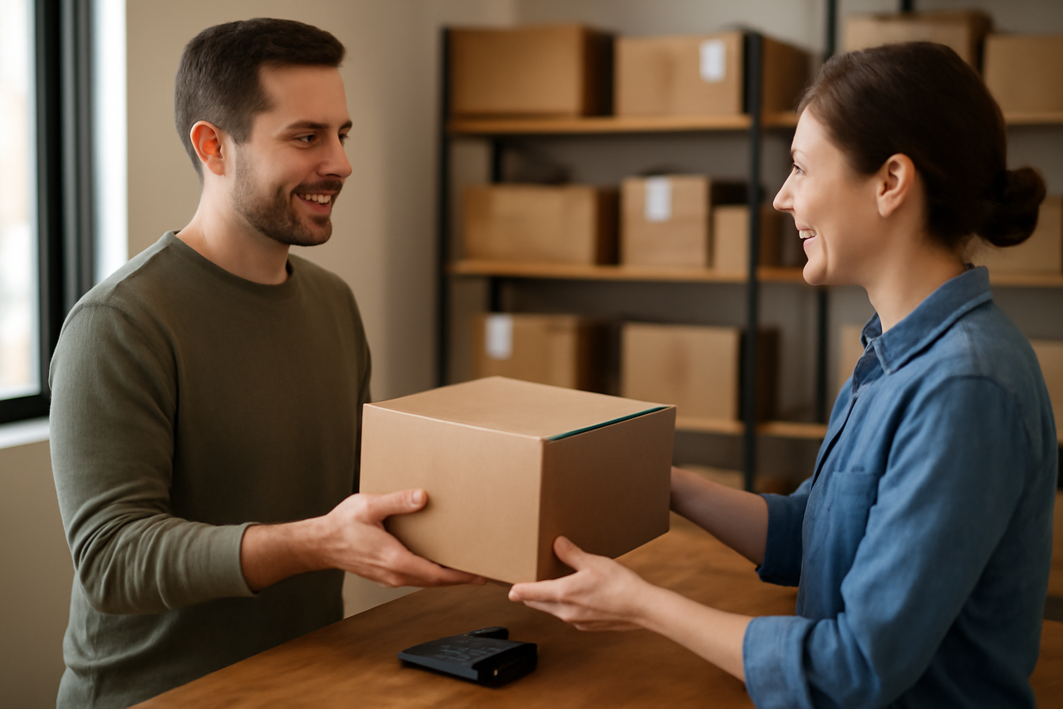 magasindemode-click-and-collect-ou-livraison client récupérant un paquet au comptoir