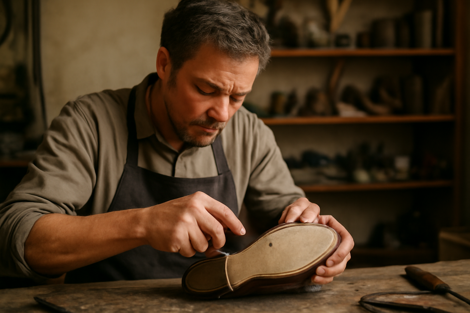 cordonnier travaillant sur une semelle en atelier