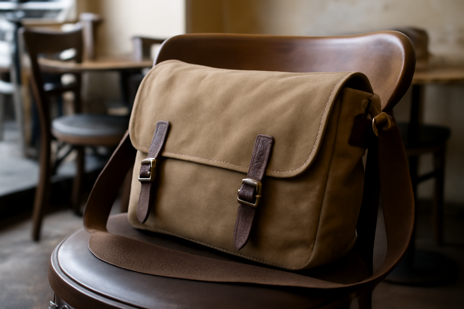 sac à bandoulière posé sur siège de café