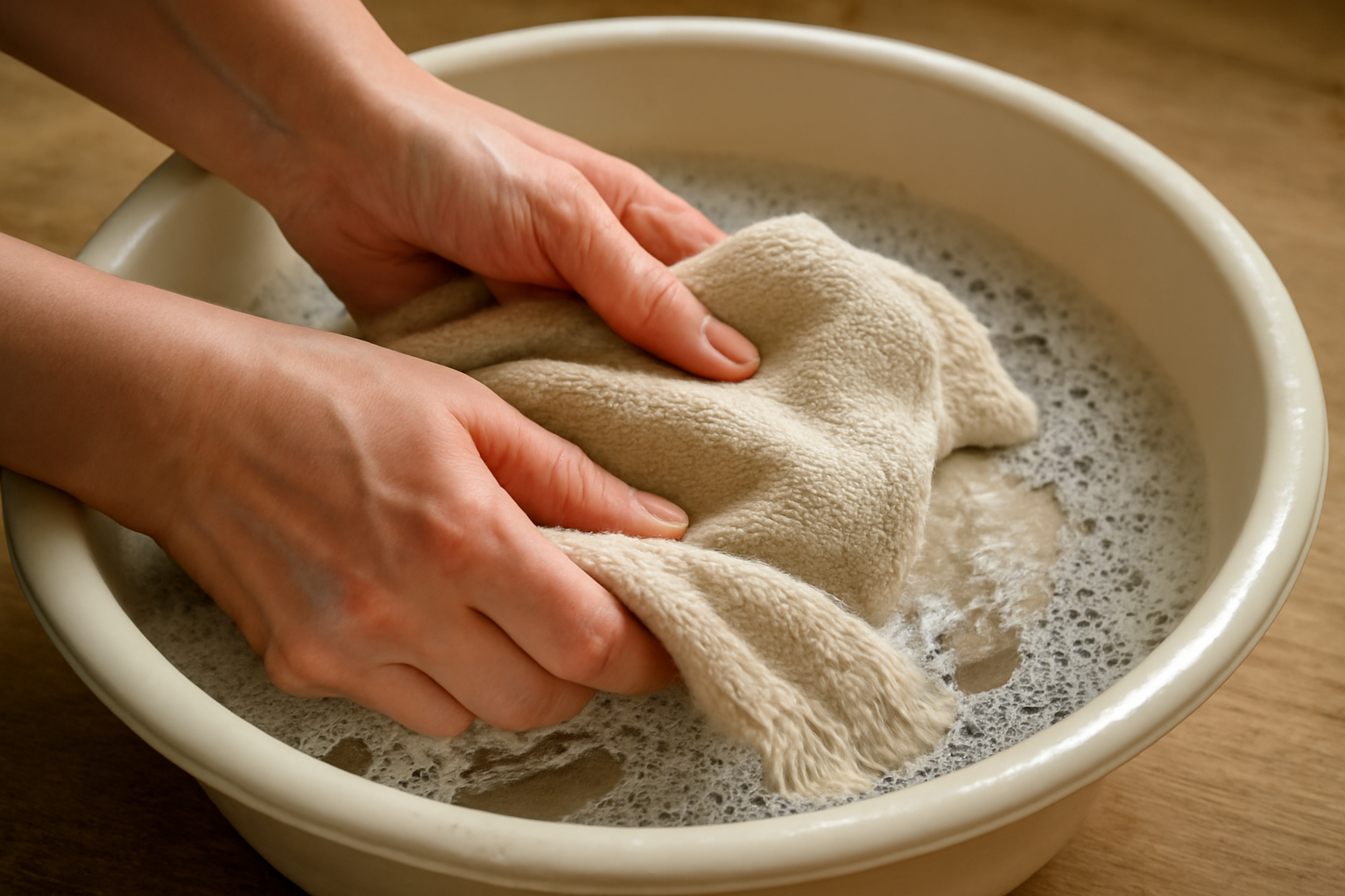 magasindemode-entretenir-pull-cachemire-maison mains lavant un pull délicat dans une bassine